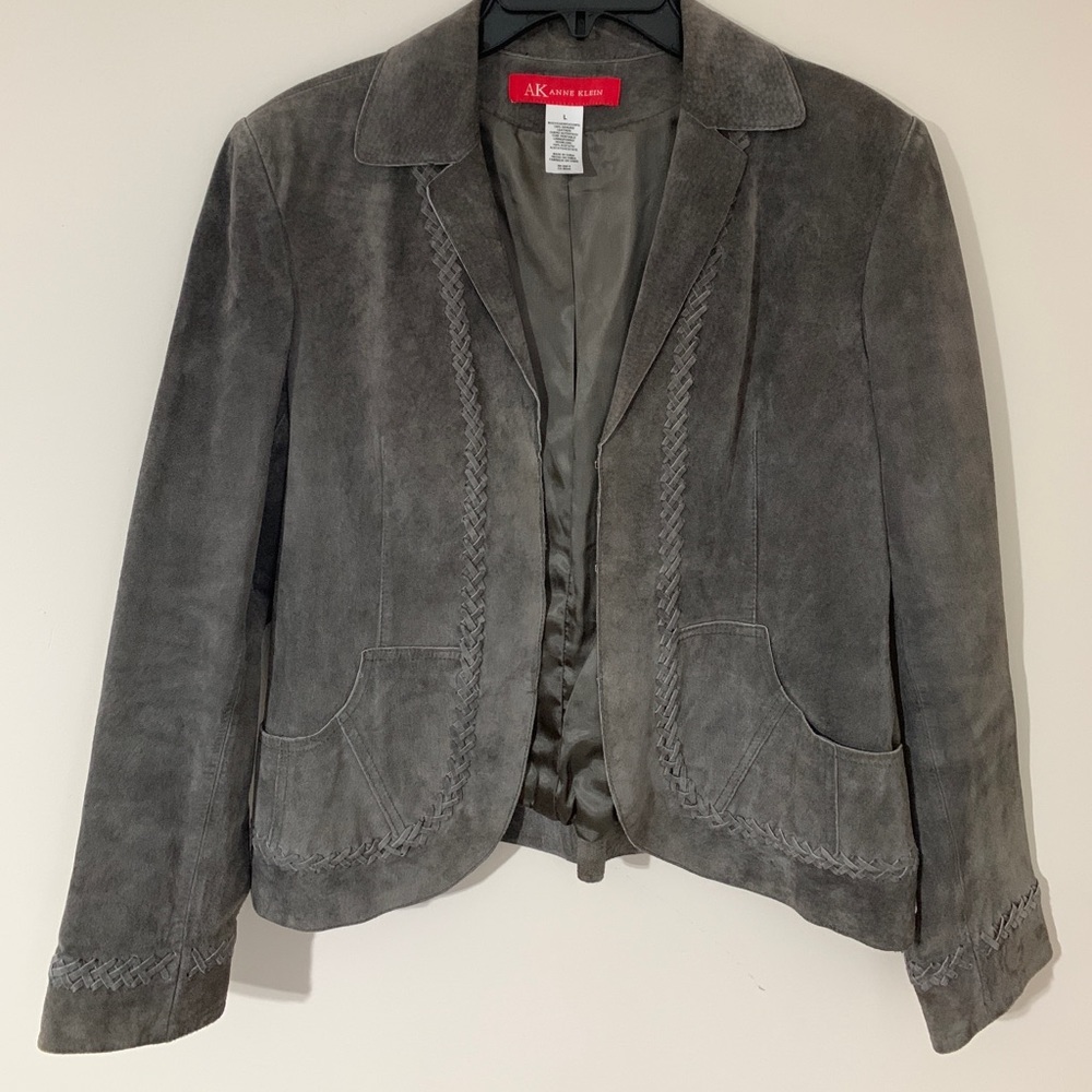 ANNE KLEIN 100% Genuine Leather Gray Jacket w/Braided Detail Womens Sz L
